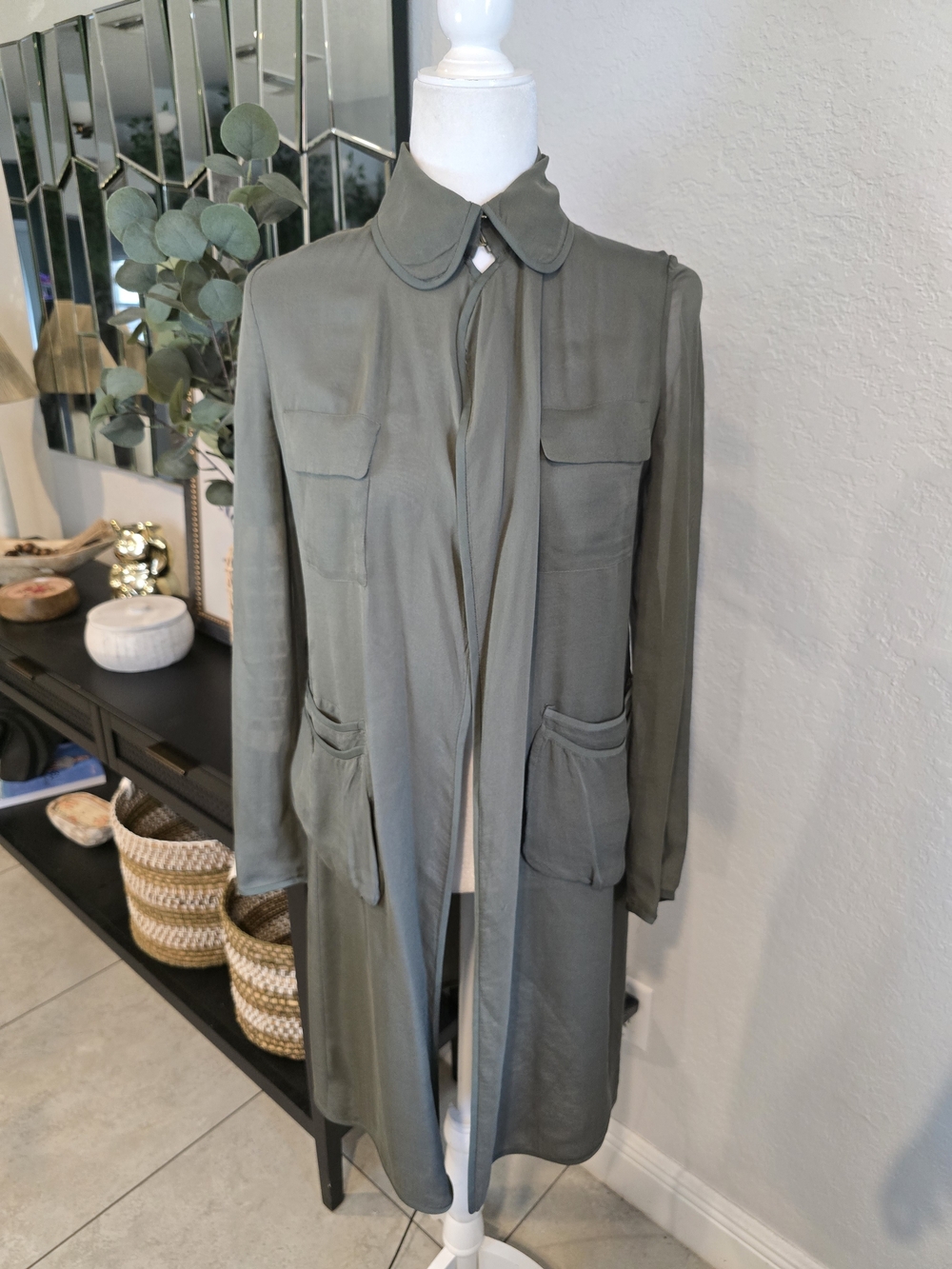 Diane Von Furstenberg Women's 100% Silk Olive Green See Trough Trench Coat 2